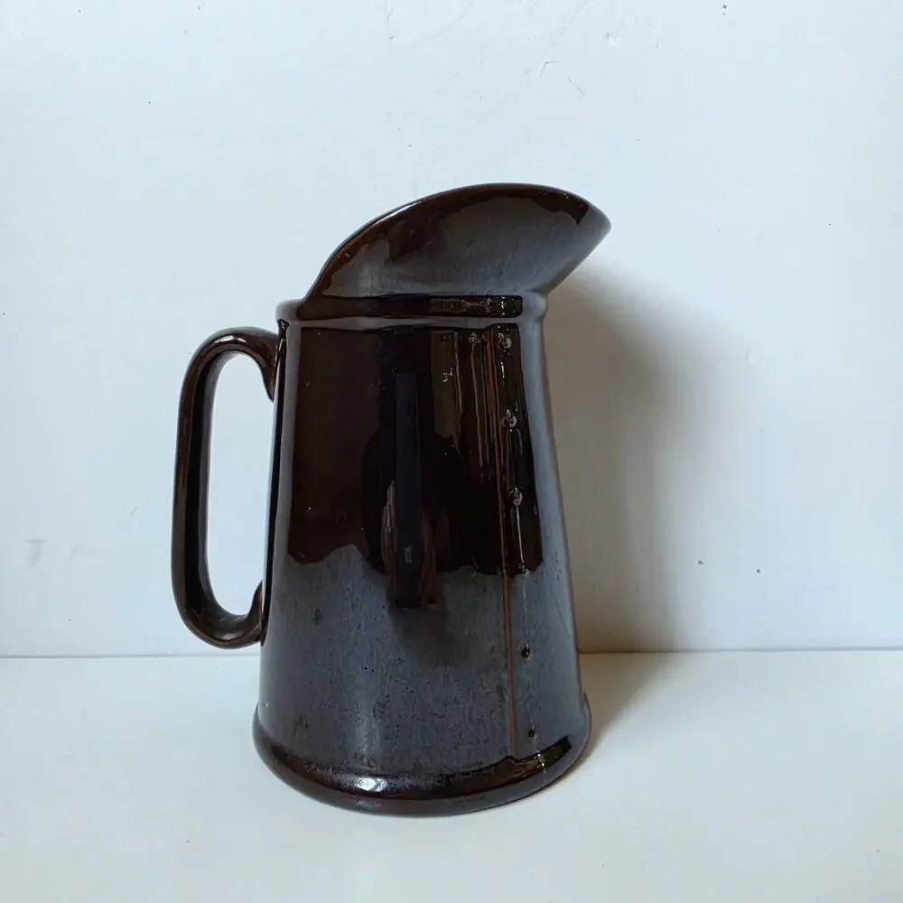 Vintage Pitcher Hand Painted Rooster On Roof Batter Breakfast Brown Farm Decor